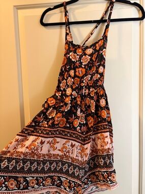Floral Spaghetti-Strap Shortalls Black and Orange size S/M